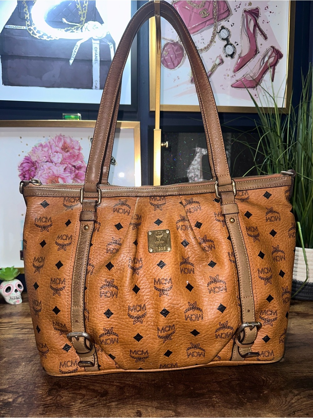 MCM Visetos Cognac Monogram Shopper Tote Shoulder Bag Zip Top Handbag